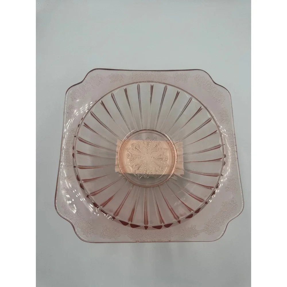 Jeannette Glass Adam Pink Depression Glass Square Scalloped‎ Ribbed Floral Bowl
